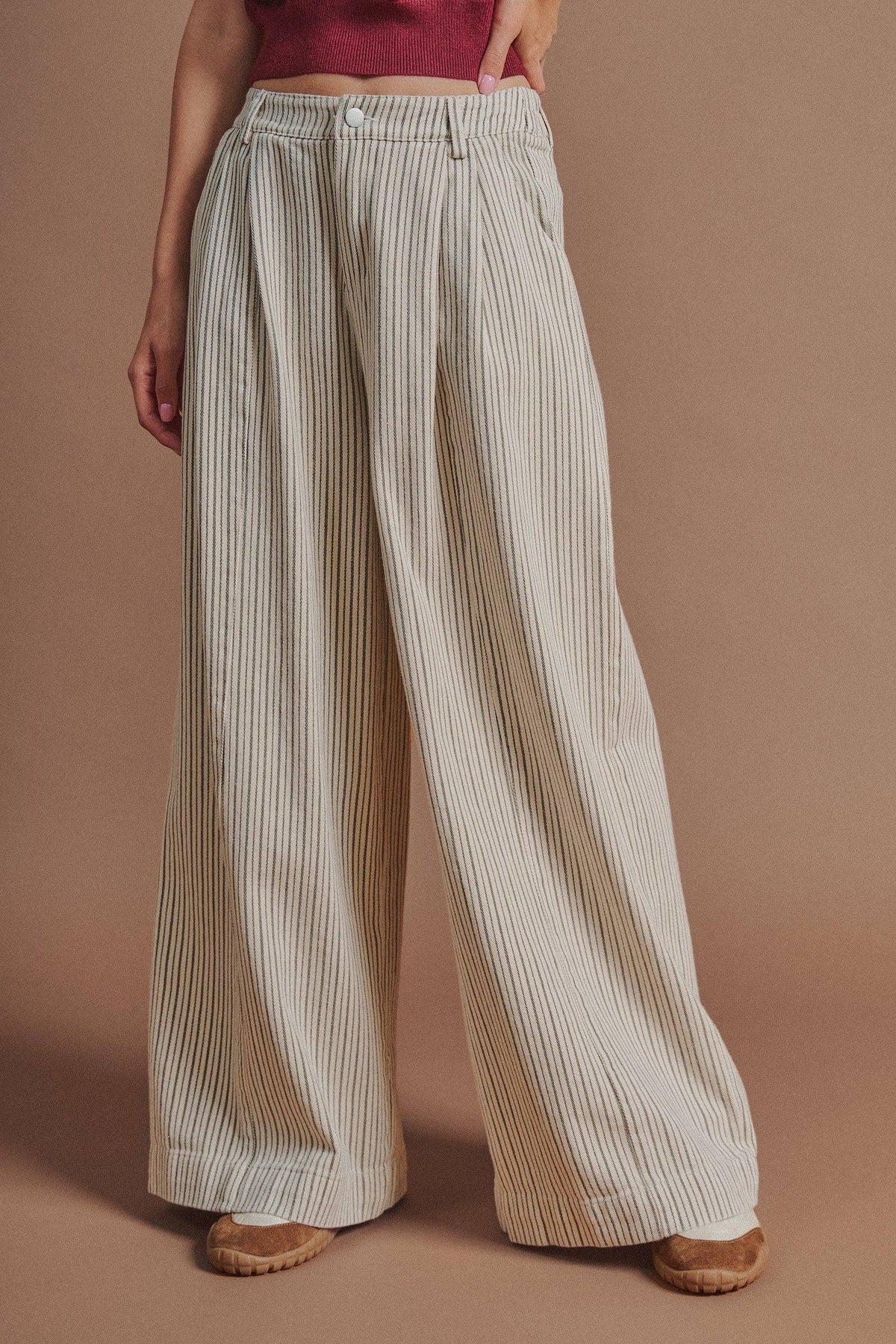 Pleated Pinstripe Wide Leg Cotton Trousers