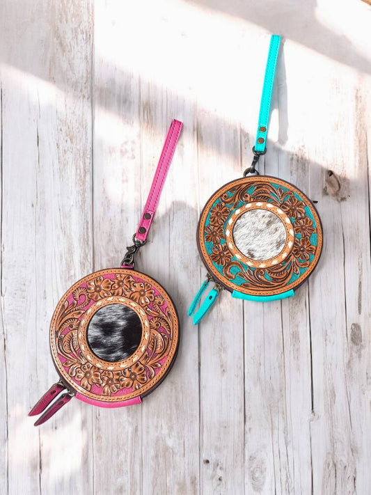 Cowhide Tooled Leather Round Wristlet