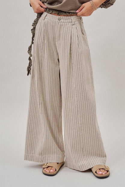 Pleated Pinstripe Wide Leg Cotton Trousers