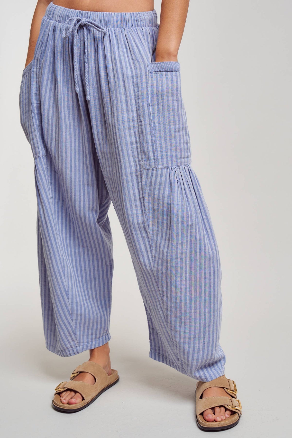 Striped Cotton Drawstring Harem Pants