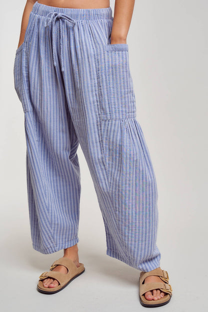 Striped Cotton Drawstring Harem Pants