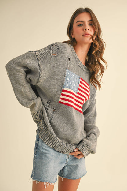 IT4043 FLAG DISTRESSED OVERSIZED KNIT SWEATER TOP