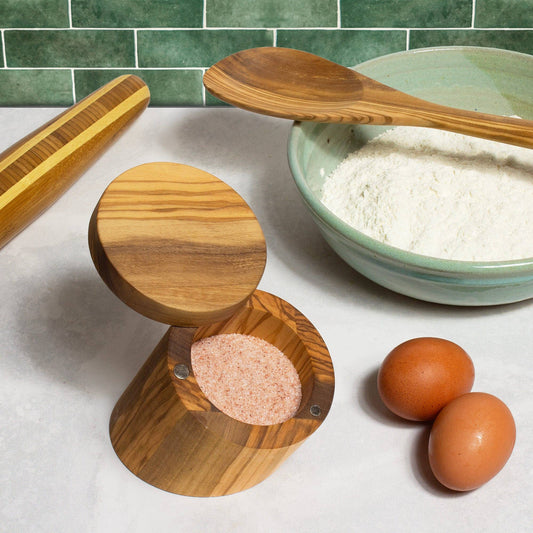 Olive Wood Salt Cellar with Swivel Lid