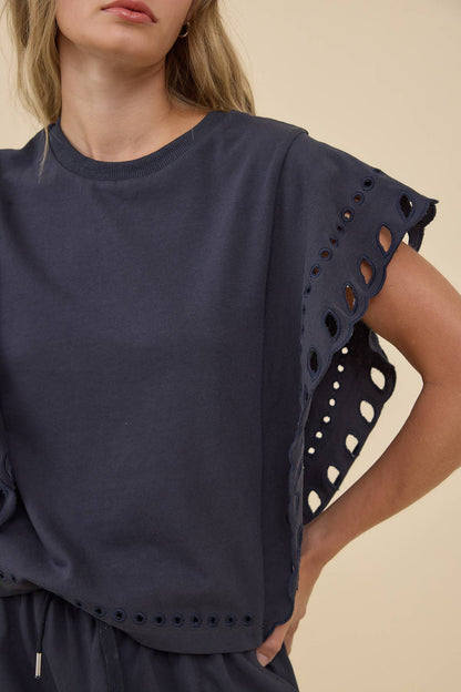 French Terry Scallop Eyelet Flutter Sleeve Top - RTK1128