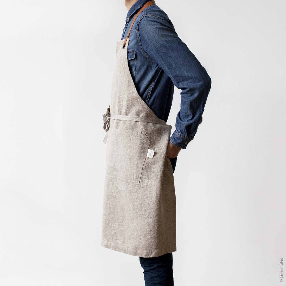 Washed Natural Linen and Leather Apron