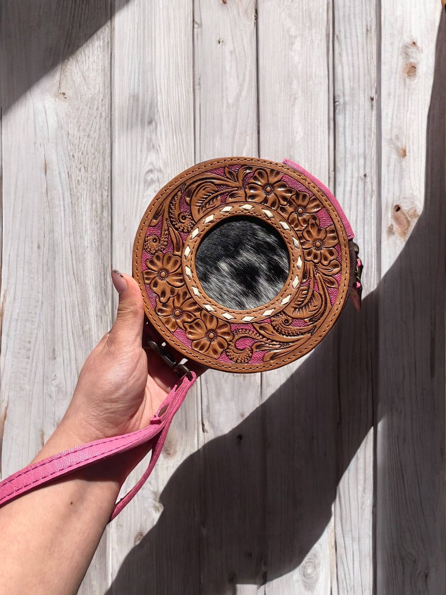 Cowhide Tooled Leather Round Wristlet