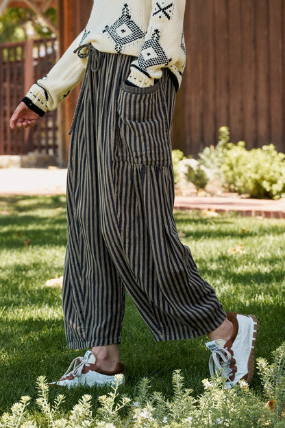 Striped Cotton Drawstring Harem Pants