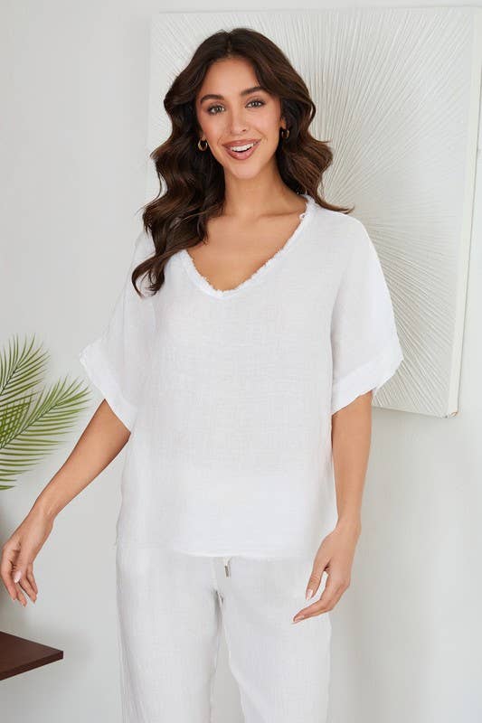 V- NECK SHORT SLEEVE LINEN TOP WITH RAW EDGE HEM