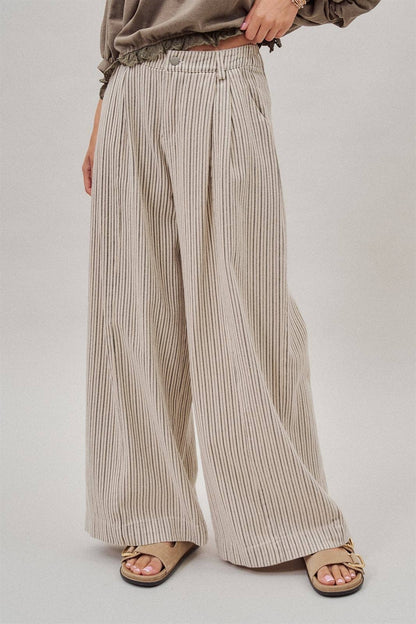 Pleated Pinstripe Wide Leg Cotton Trousers