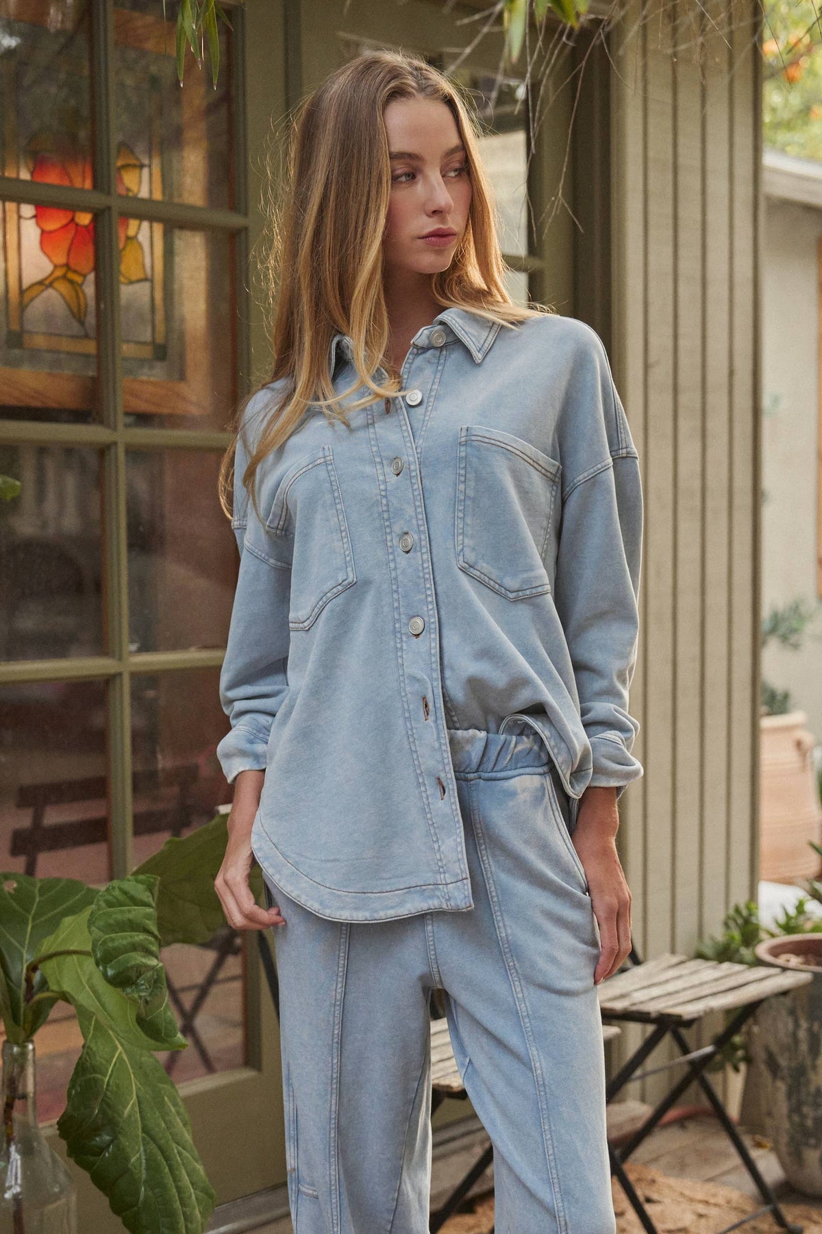 Oversized Acid Wash Cotton  Button Down Shirt