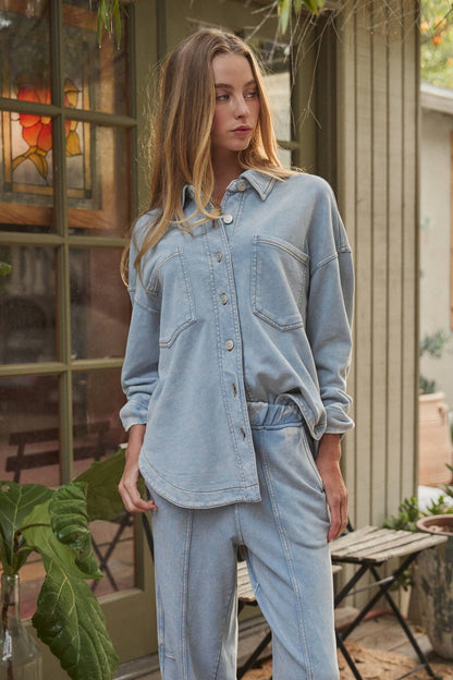 Oversized Acid Wash Cotton  Button Down Shirt