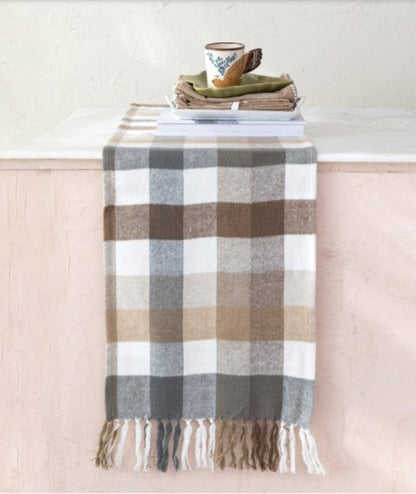 Brushed Cotton Flannel Table Runner w/ Fringe, Plaid