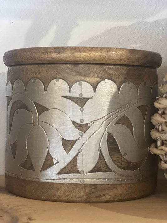 Hand Made Wood Round Box with Metal Details -World Traveler Collection