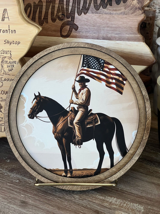 8" Round Patriotic Cowboy Art