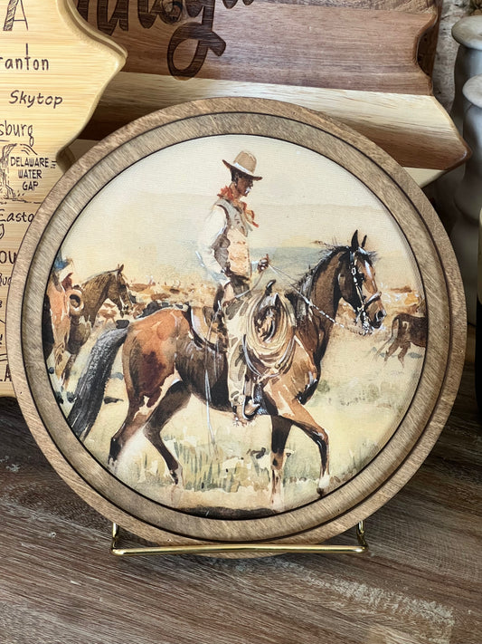8" Round Vintage Cowboy Art