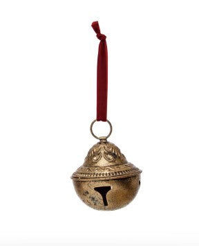 5" Round x 6-1/2"H Embossed Metal Sleigh Bell with Velvet Ribbon, Gold Finish