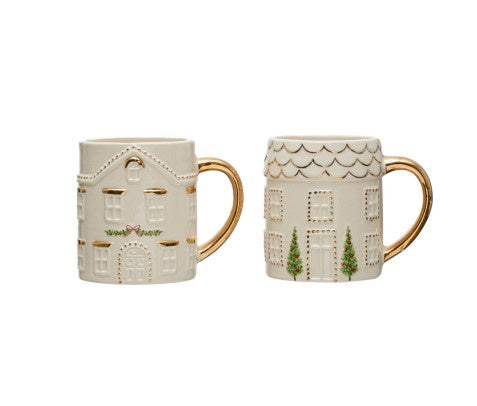 16 oz. Hand-Painted Stoneware House Mug w/ Gold Electroplating, Multi Color, 2 Styles