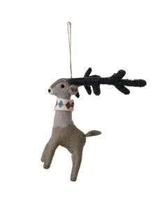 Handmade Wool Felt Reindeer Ornament w/ Embroidery, Multi Color