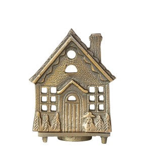 Embossed Cast Aluminum House Tealight Holder, Antique Brass Finish