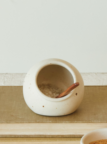 Stoneware Salt Cellar w/ Mango Wood Spoon