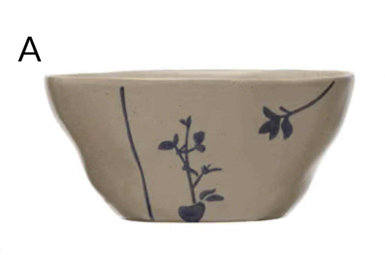 Hand-Stamped Stoneware Bowl w/ Botanicals, 4 Styles