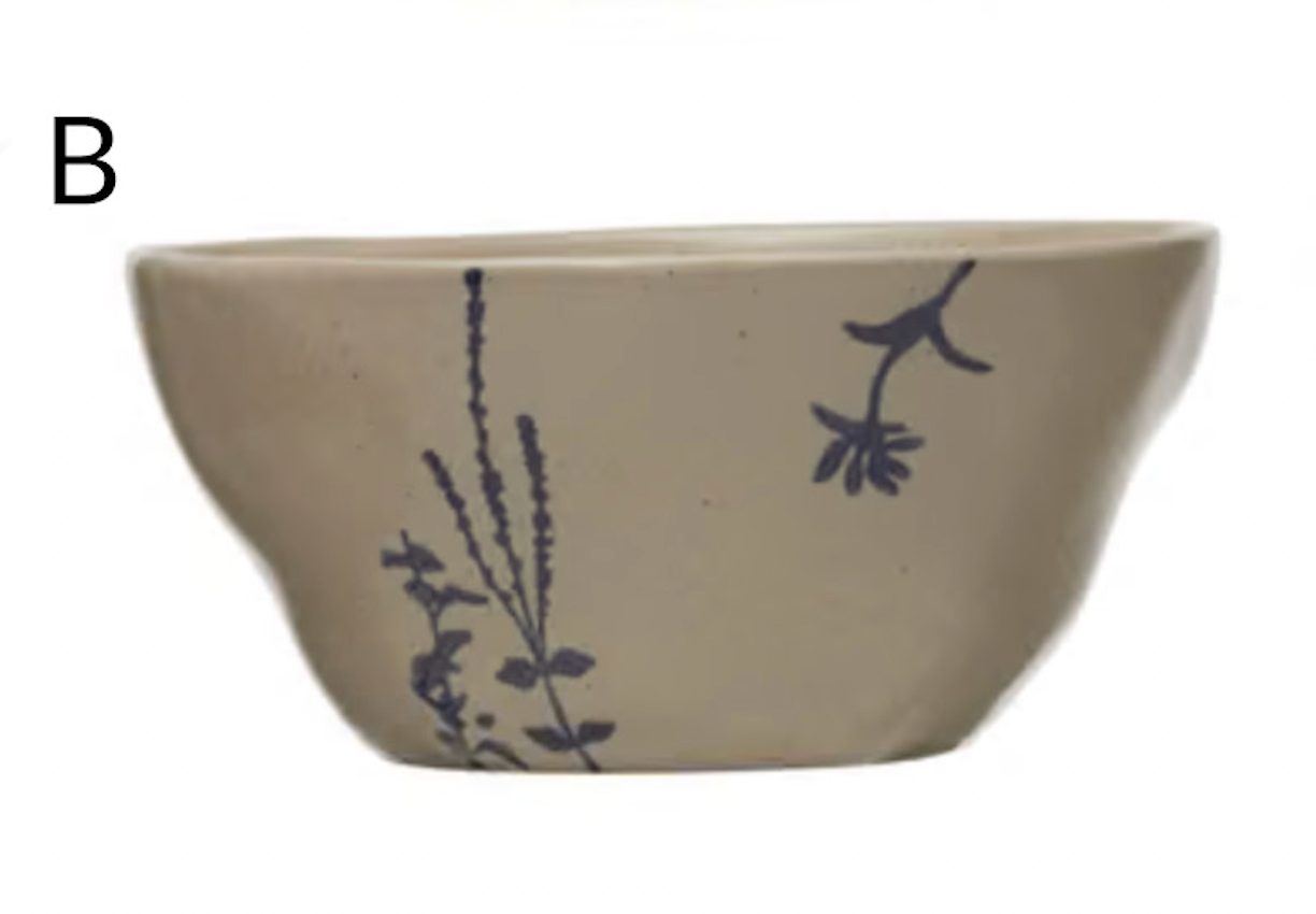 Hand-Stamped Stoneware Bowl w/ Botanicals, 4 Styles