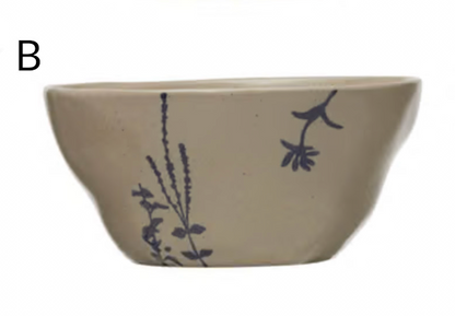 Hand-Stamped Stoneware Bowl w/ Botanicals, 4 Styles