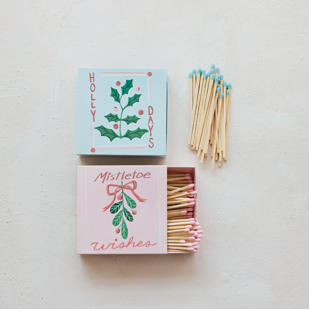 Safety Matches in Embossed Matchbox with Holiday Botanicals & Saying, 2 Styles ©