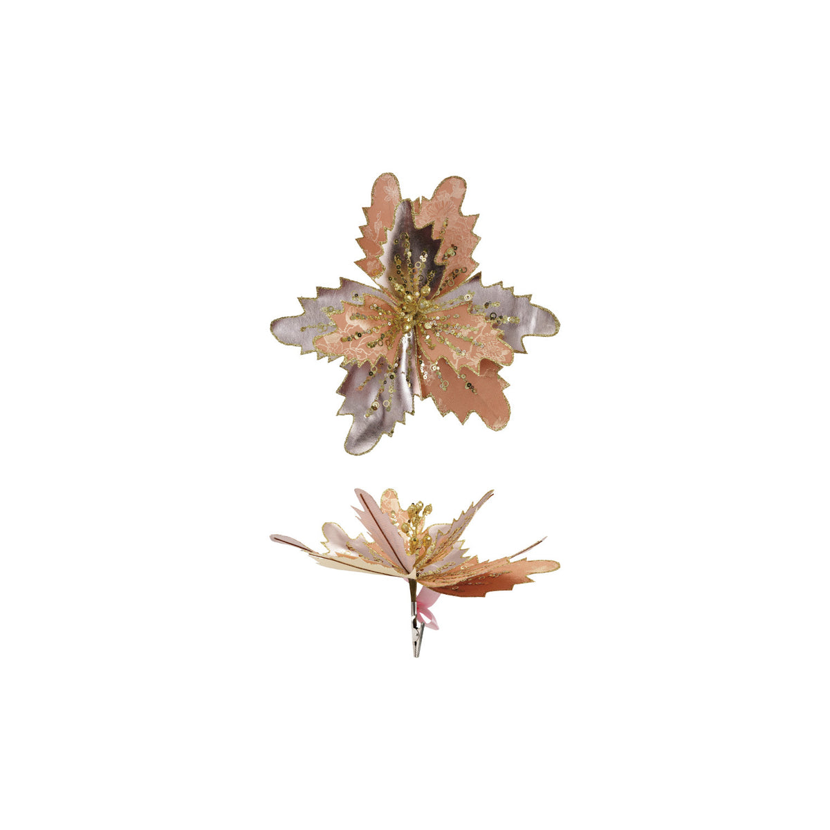Faux Flower Clip-on Ornament with Glitter, Gold Finish & Blush Color