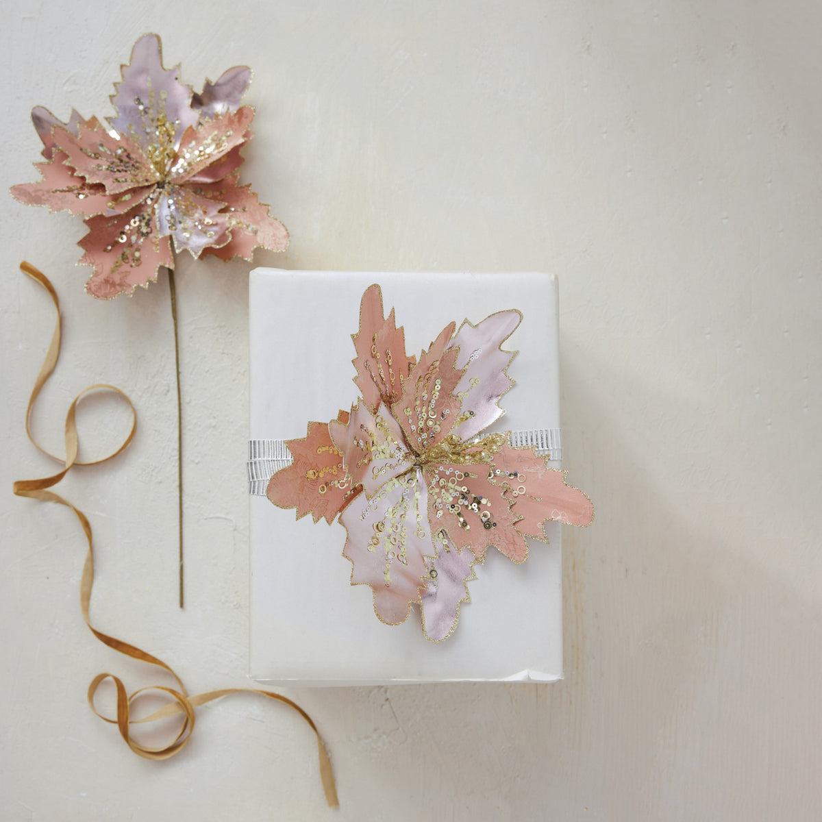 Faux Flower Clip-on Ornament with Glitter, Gold Finish & Blush Color