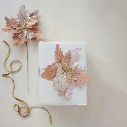 Faux Flower Clip-on Ornament with Glitter, Gold Finish & Blush Color