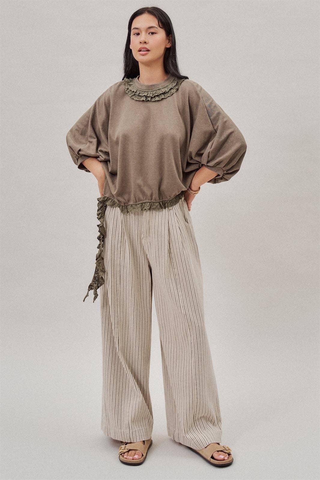 Pleated Pinstripe Wide Leg Cotton Trousers