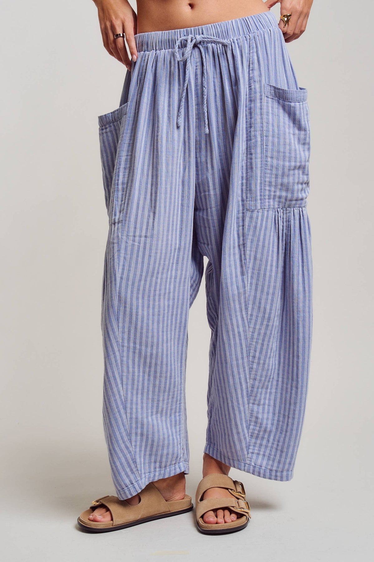 Striped Cotton Drawstring Harem Pants
