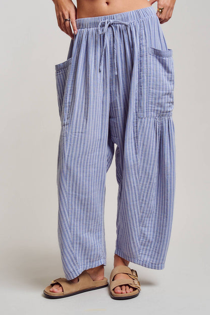 Striped Cotton Drawstring Harem Pants