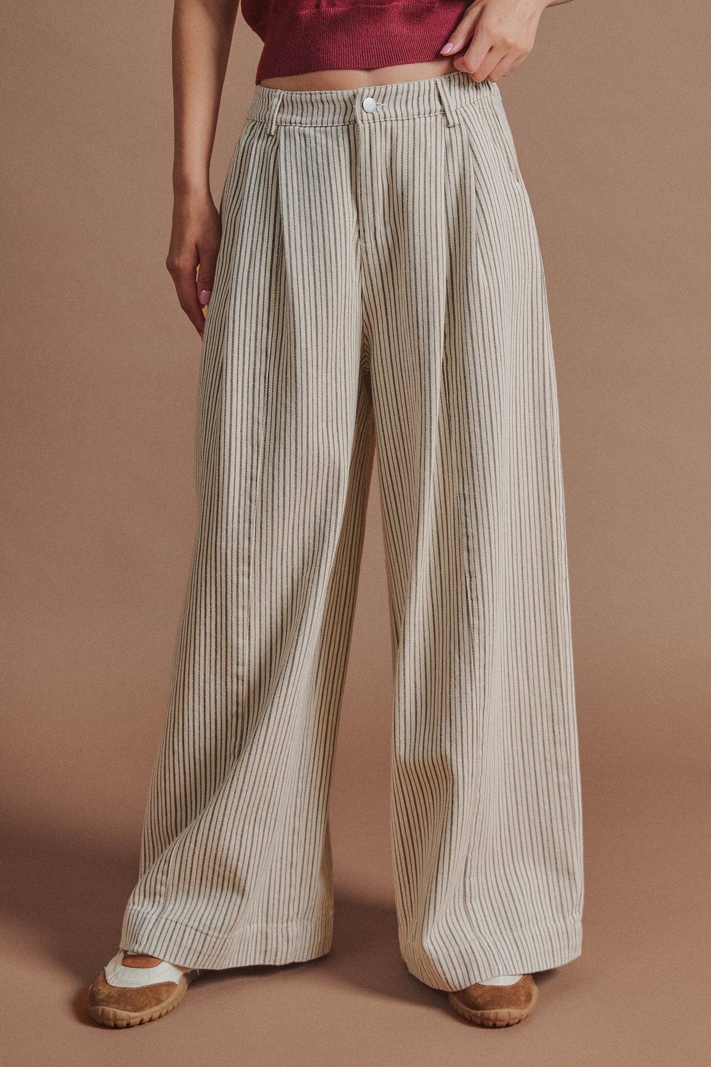 Pleated Pinstripe Wide Leg Cotton Trousers