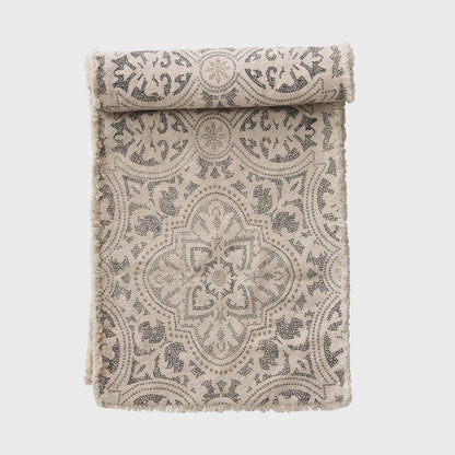 72"L x 14"W Cotton Printed Table Runner w/ Frayed Edge, Grey & Cream Color