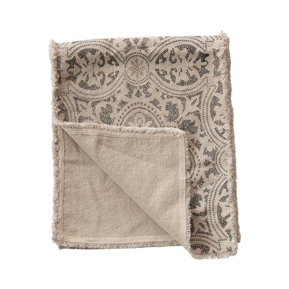 72"L x 14"W Cotton Printed Table Runner w/ Frayed Edge, Grey & Cream Color