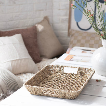Decorative Hand-Woven Seagrass & Metal Trays w/ Handles, Natural