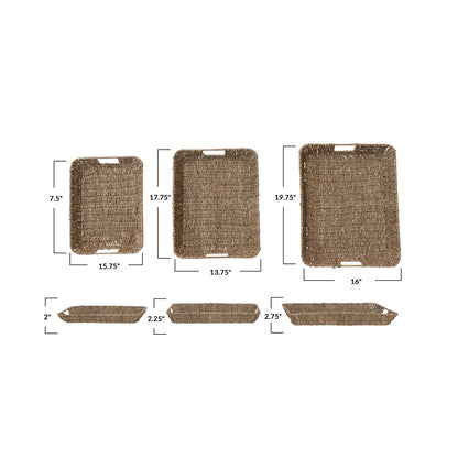 Decorative Hand-Woven Seagrass & Metal Trays w/ Handles, Natural