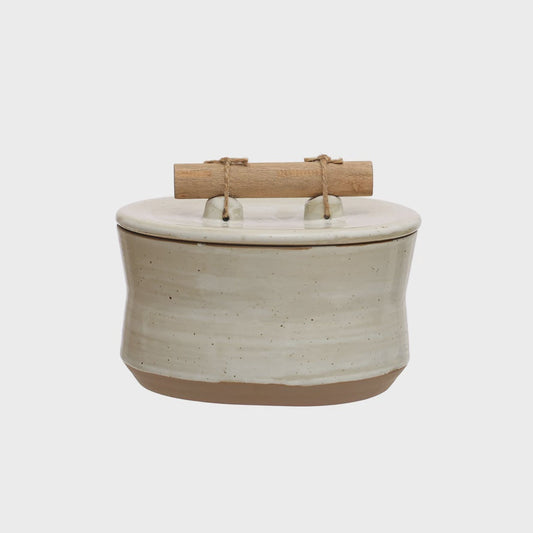 Stoneware Canister w/ Pine Wood & Jute Handle, Reactive Glaze