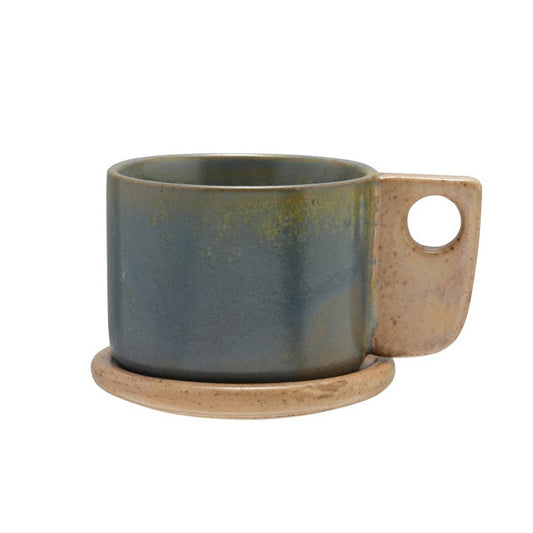 10 oz. Stoneware Mug with Saucer/Lid, Brown & Blue, Set of 2 (Each One Will Vary)