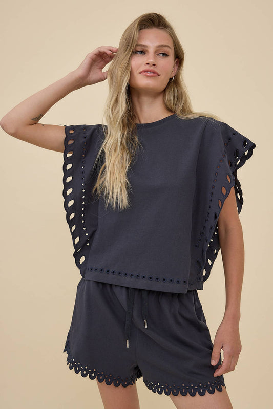 French Terry Scallop Eyelet Flutter Sleeve Top - RTK1128