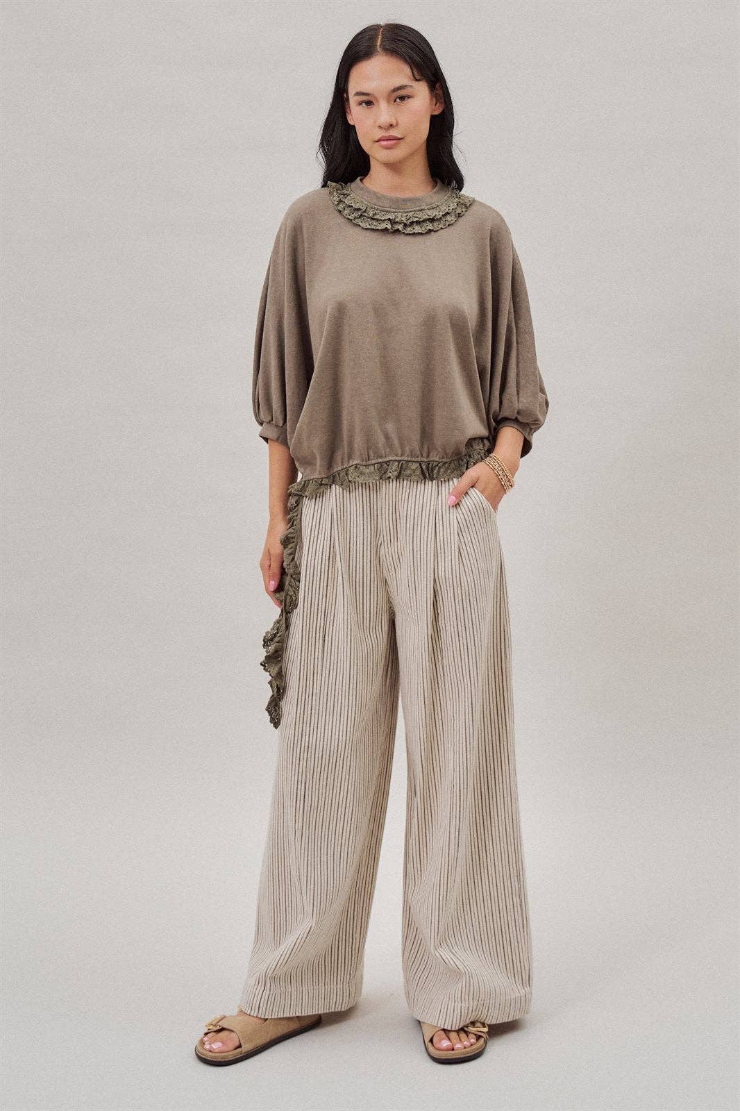 Pleated Pinstripe Wide Leg Cotton Trousers