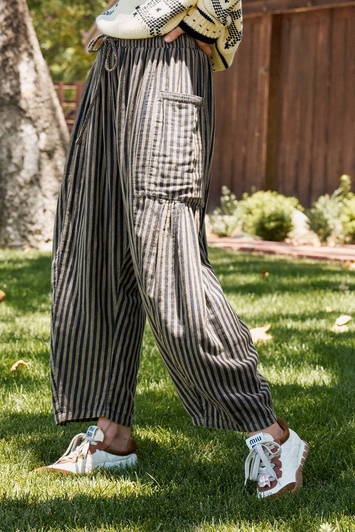 Striped Cotton Drawstring Harem Pants