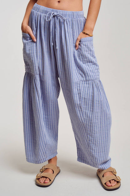 Striped Cotton Drawstring Harem Pants