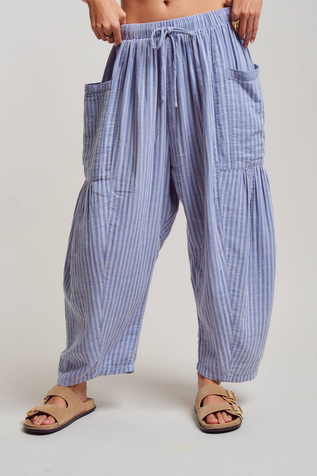 Striped Cotton Drawstring Harem Pants