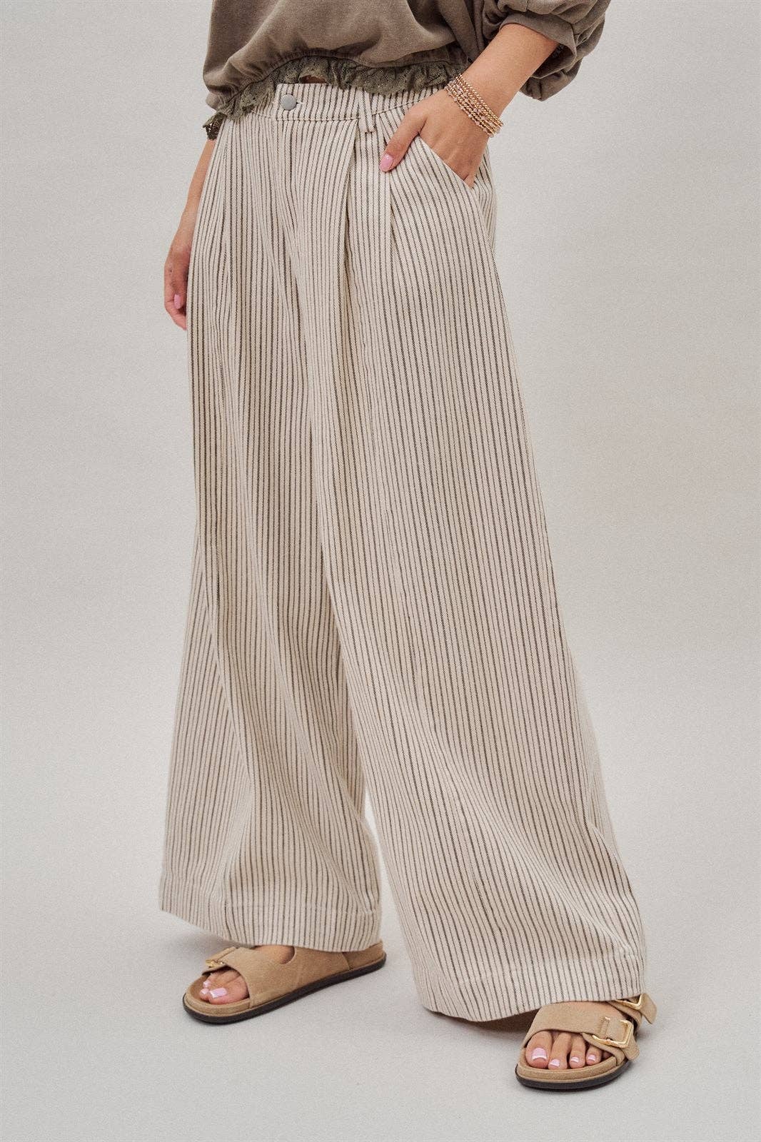 Pleated Pinstripe Wide Leg Cotton Trousers