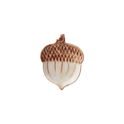 Hand-Painted Stoneware Acorn Shaped Dish, Brown & Cream Color ©