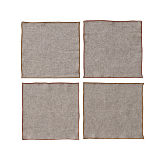 Linen Blend Cocktail Napkins with Jute Tie & Metal Ring, Set of 4