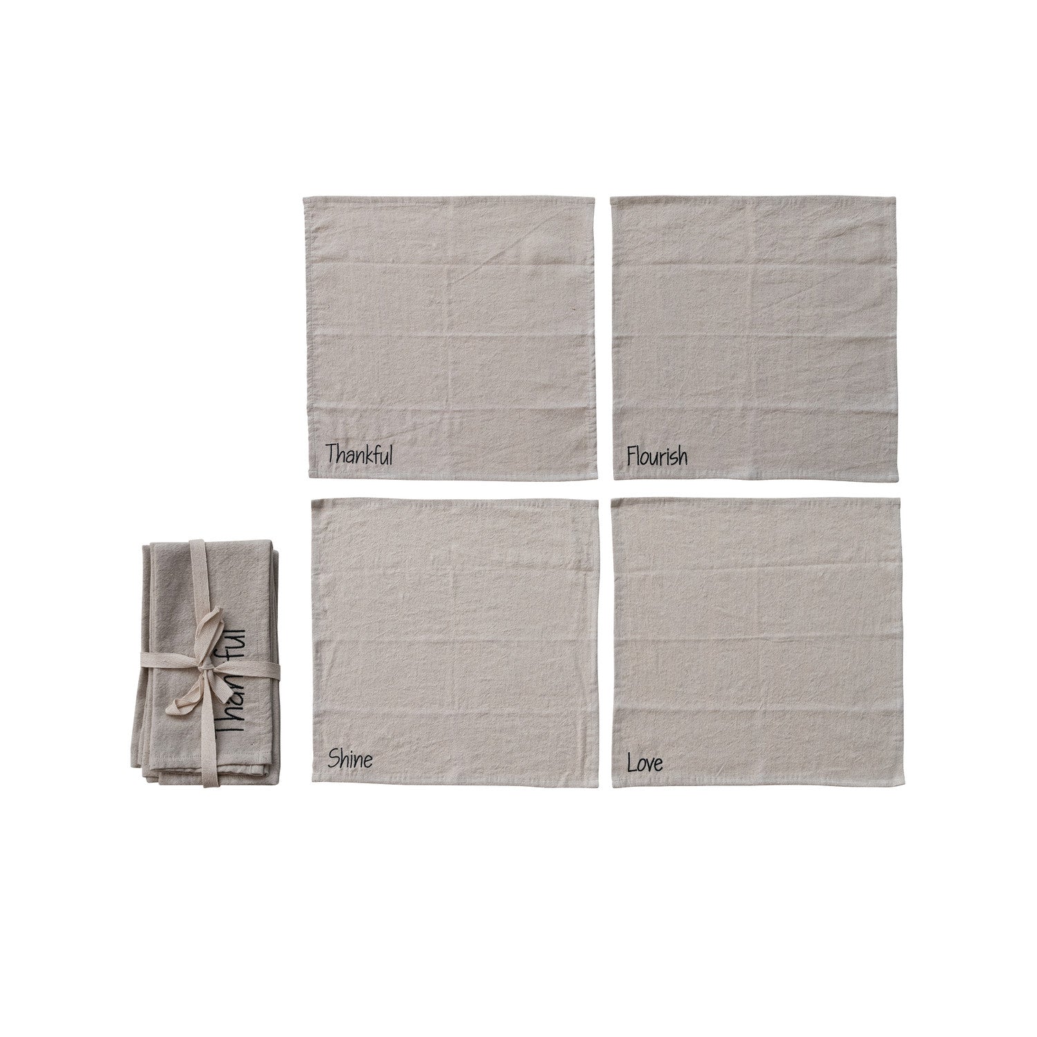Napkins with Embroidered Word, Natural & Black, Set of 4 Tied with Tape